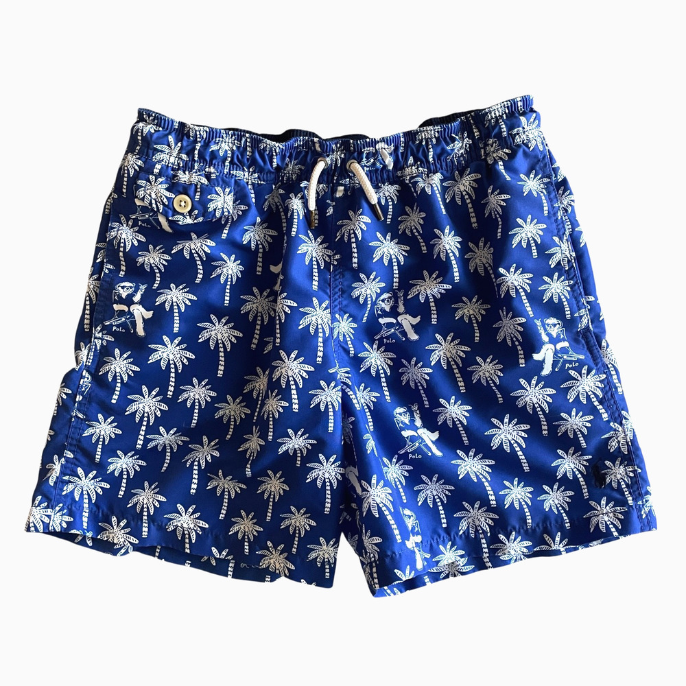 RALPH LAUREN Mens Size XS-S Blue Traveler POLO Bear Palm Trees Swim Trunks
